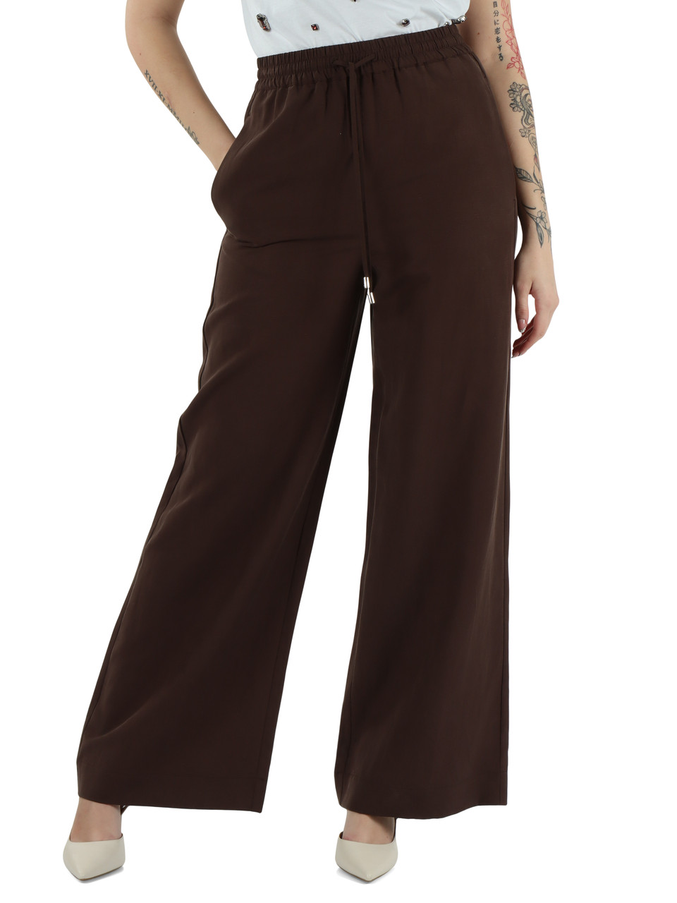 MARRONE | Pantalone gamba larga in lino e lyocell