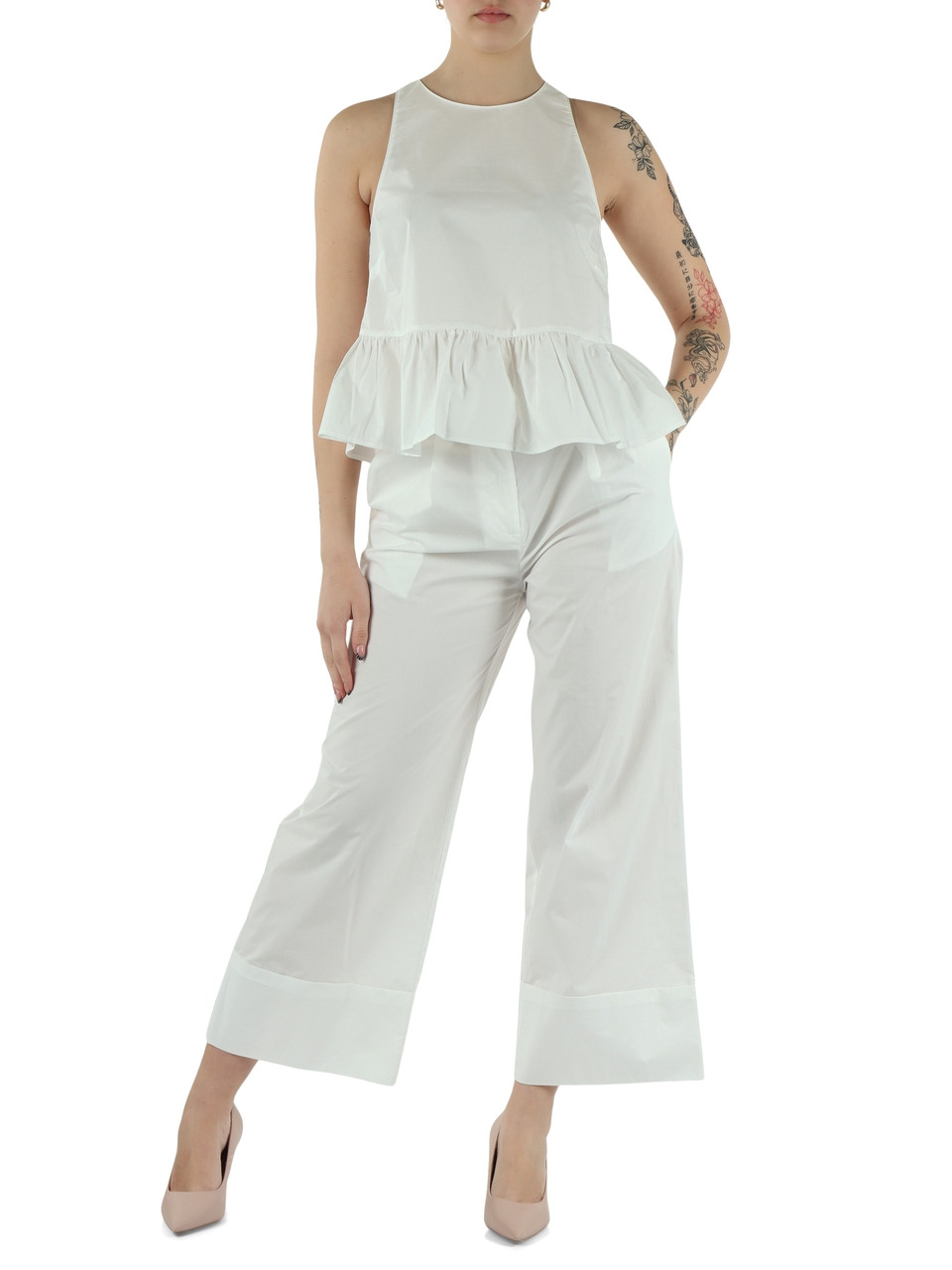 WEISS | Hose mit Falten aus Baumwollpopeline