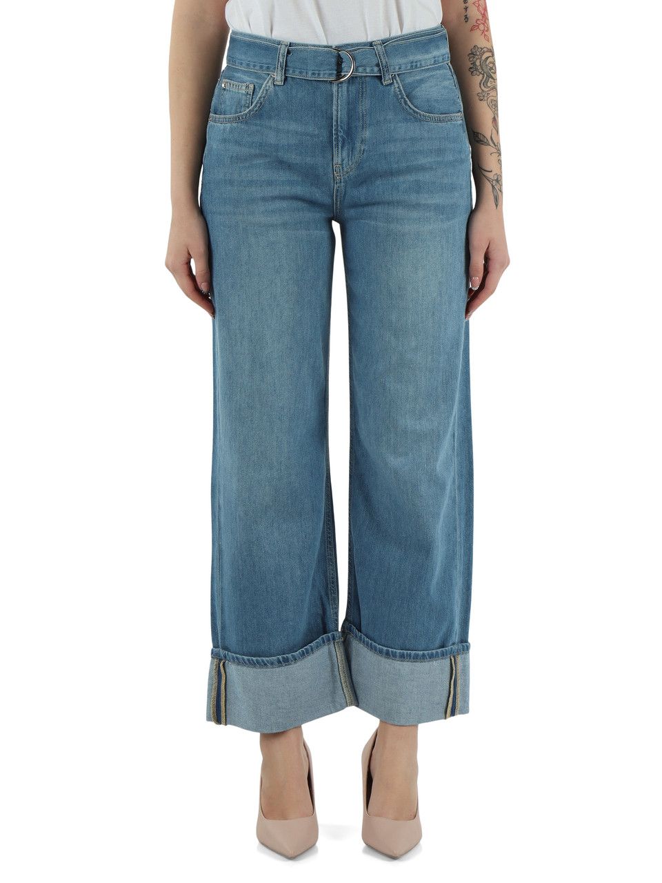 BLU CHIARO | Pantalone jeans cinque tasche gamba larga con cintura
