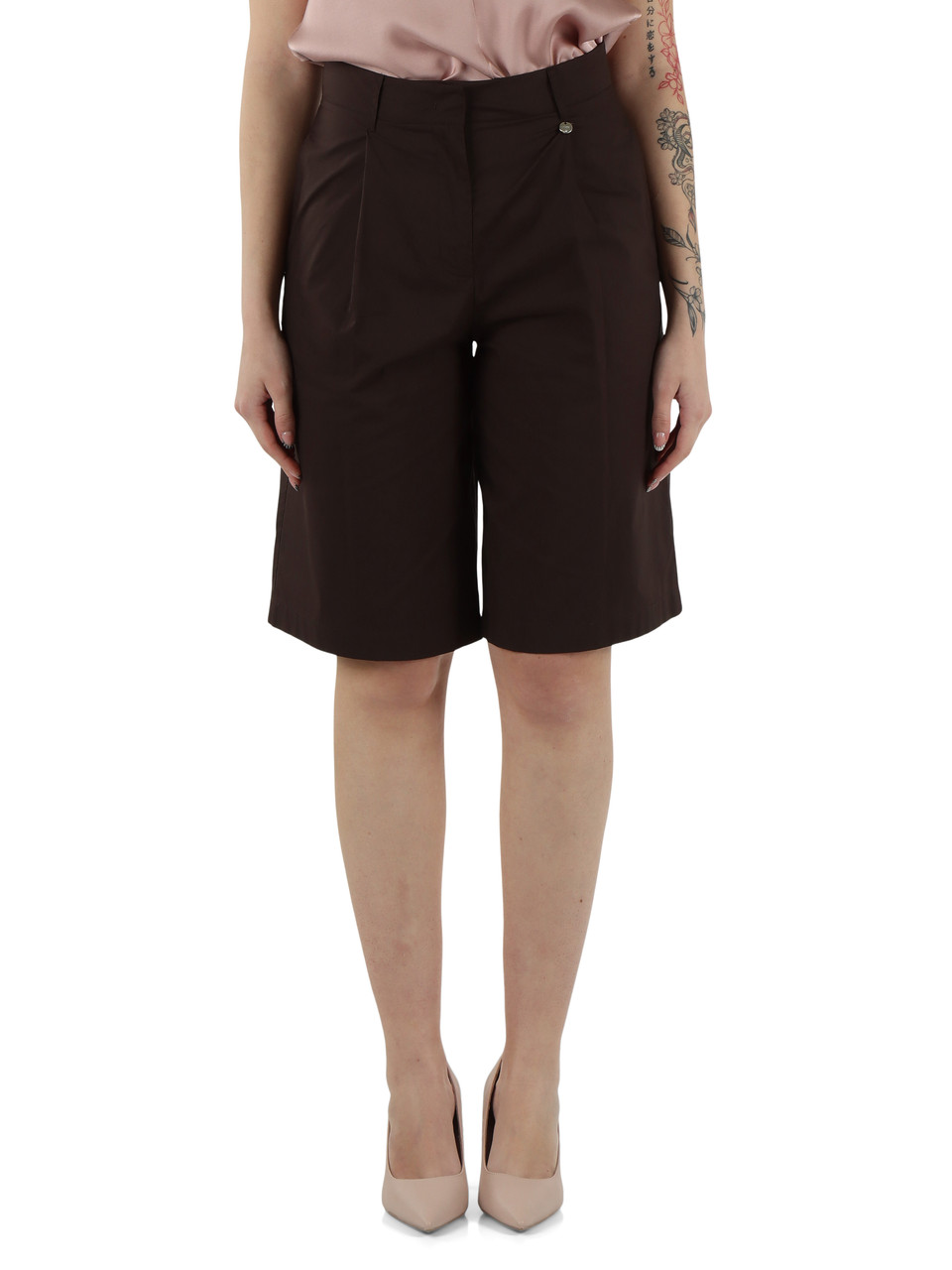MARRONE | Bermuda in popeline di cotone con pinces