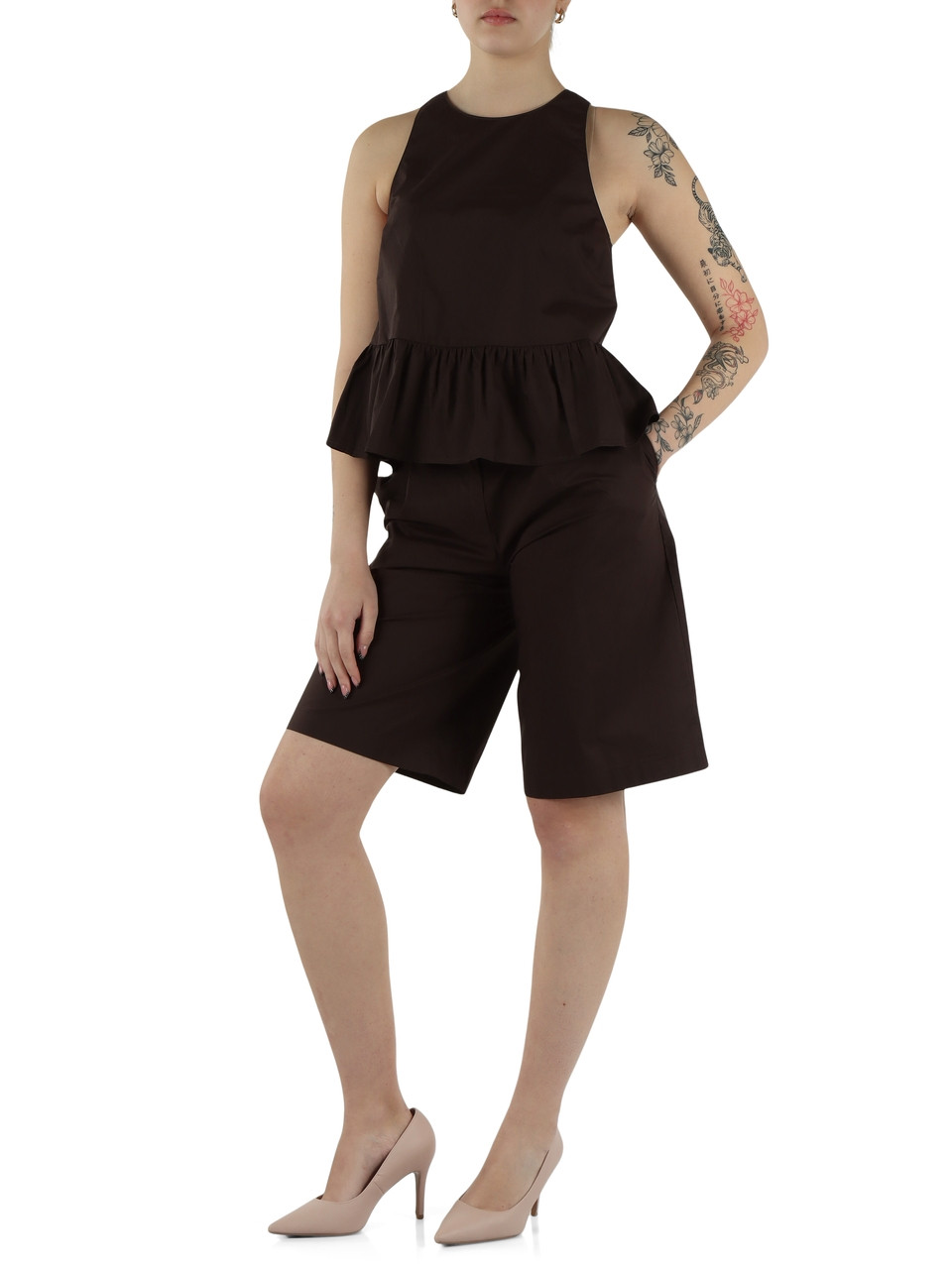 MARRONE | Bermuda in popeline di cotone con pinces