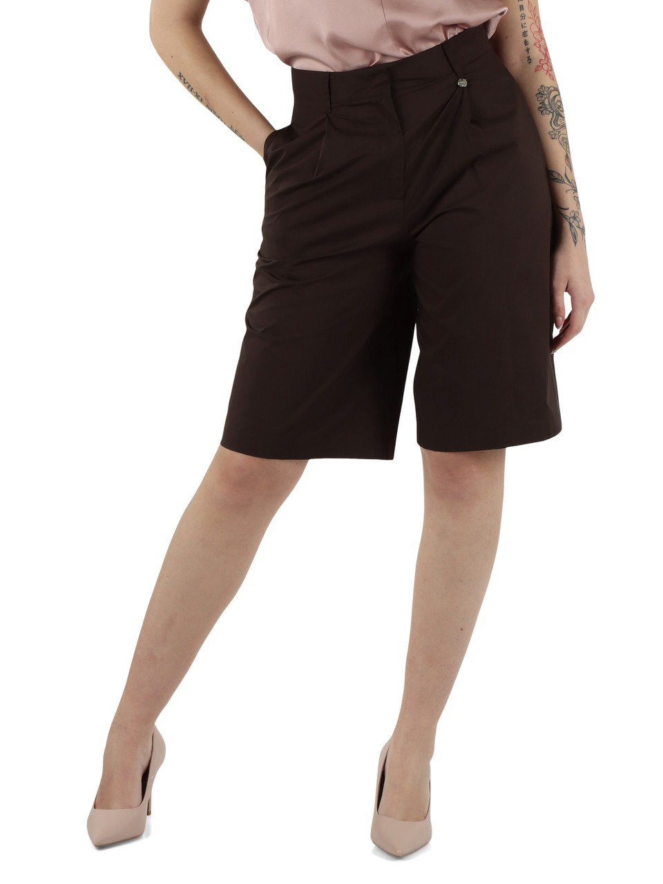 MARRONE | Bermuda in popeline di cotone con pinces