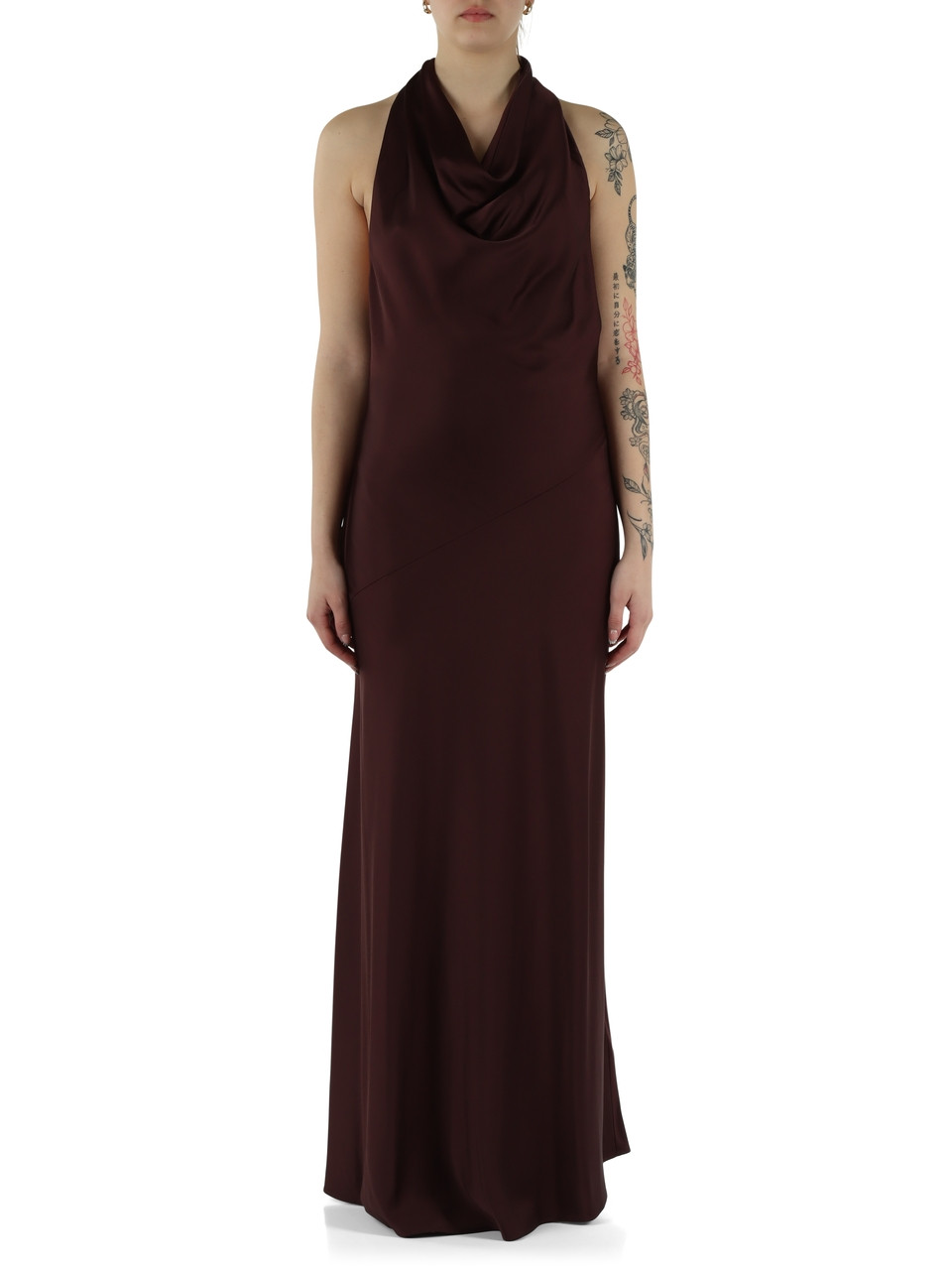 MARRONE | Abito lungo in satin di viscosa