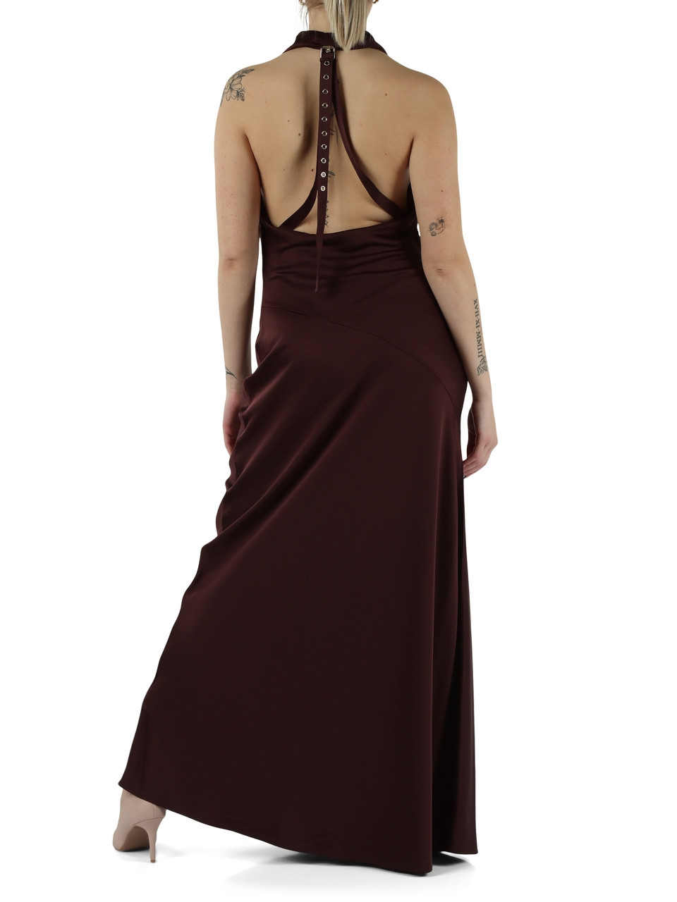 MARRONE | Abito lungo in satin di viscosa