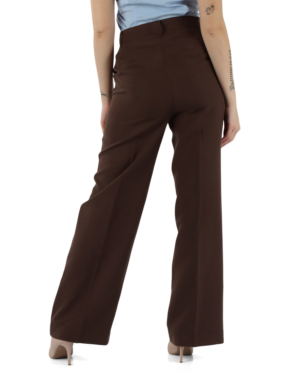 MARRONE | Pantalone gamba larga in lino e lyocell