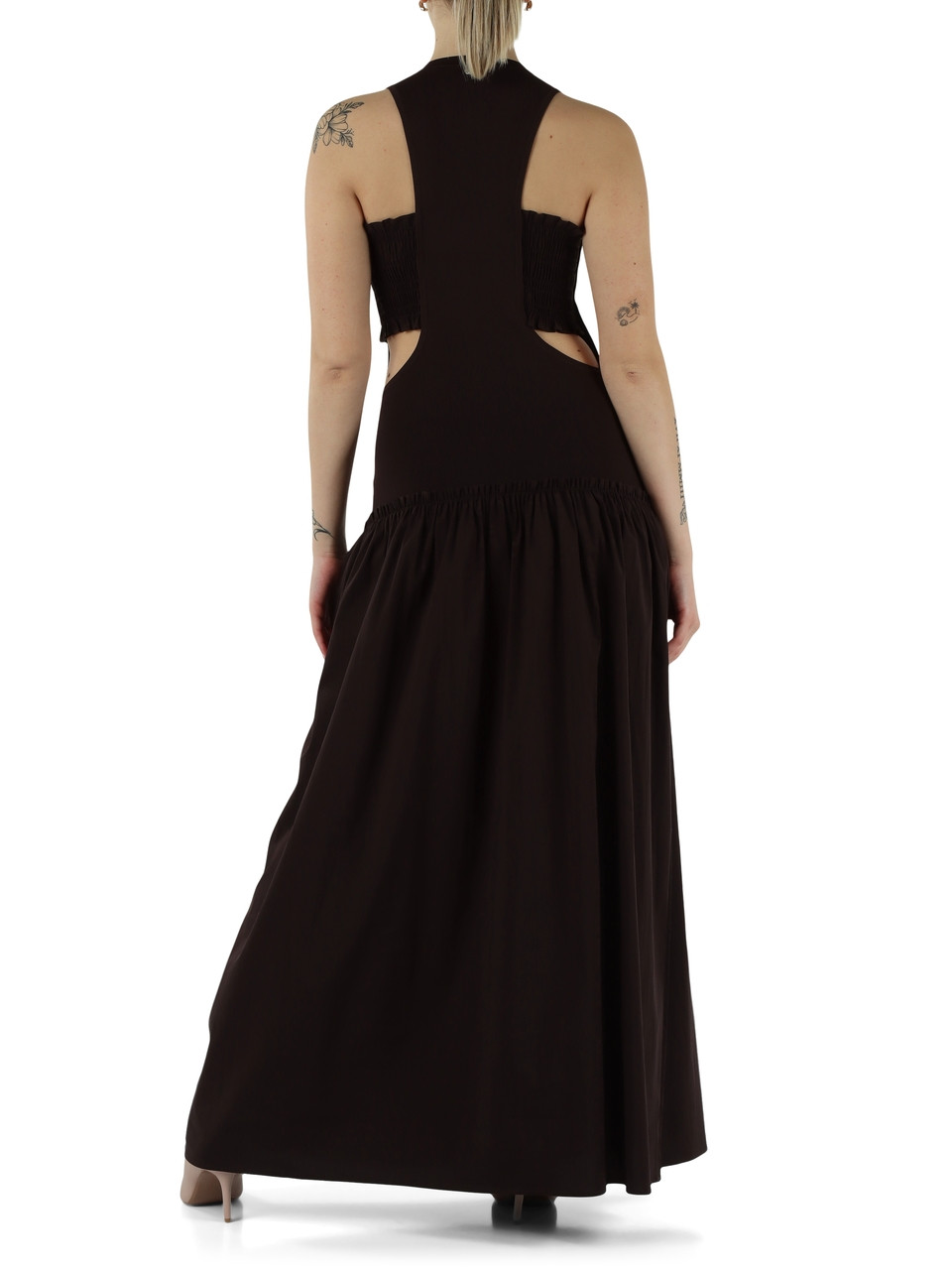 MARRONE | Abito lungo in doppio tessuto con dettagli cut-out