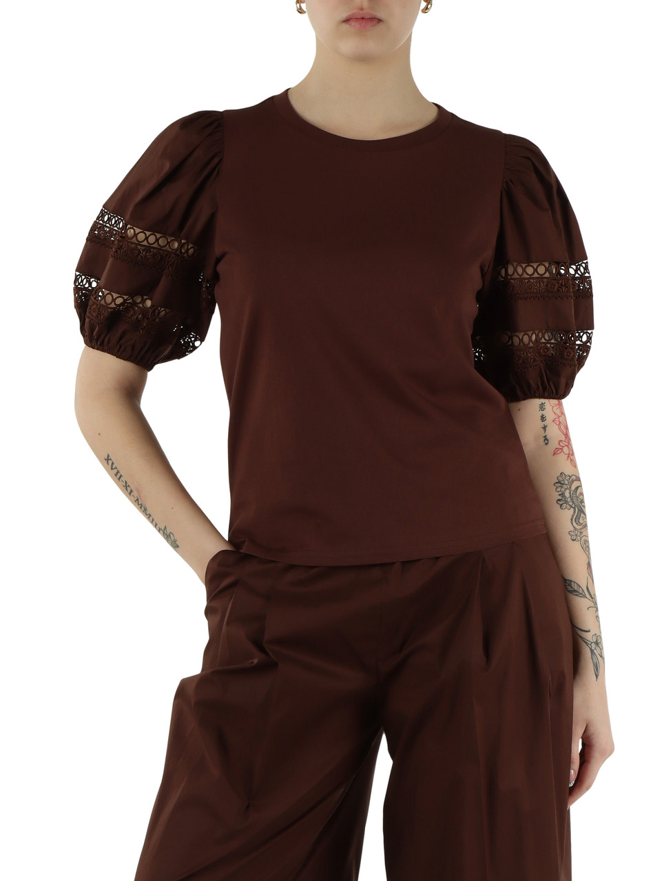 BRAUN | Baumwoll-T-Shirt mit Spitzeneinsätzen