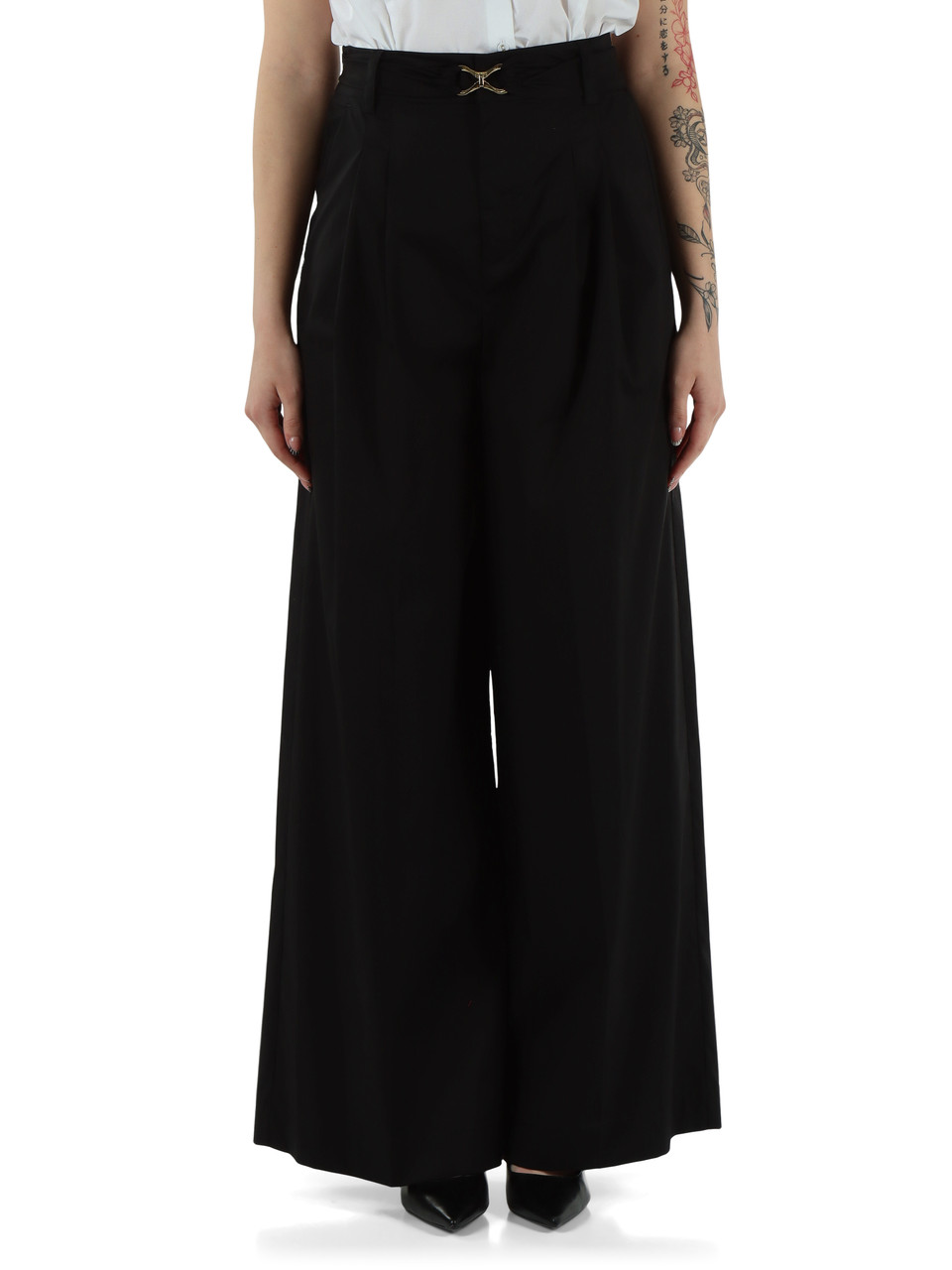 SCHWARZ | Weite Hose aus Stretch-Baumwolle