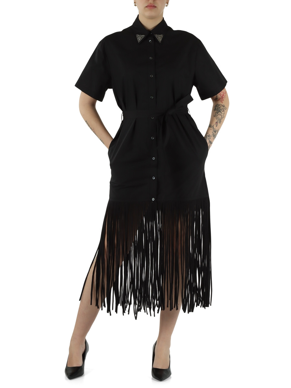NERO | Abito chemisier in cotone con frange AVIGLIANO