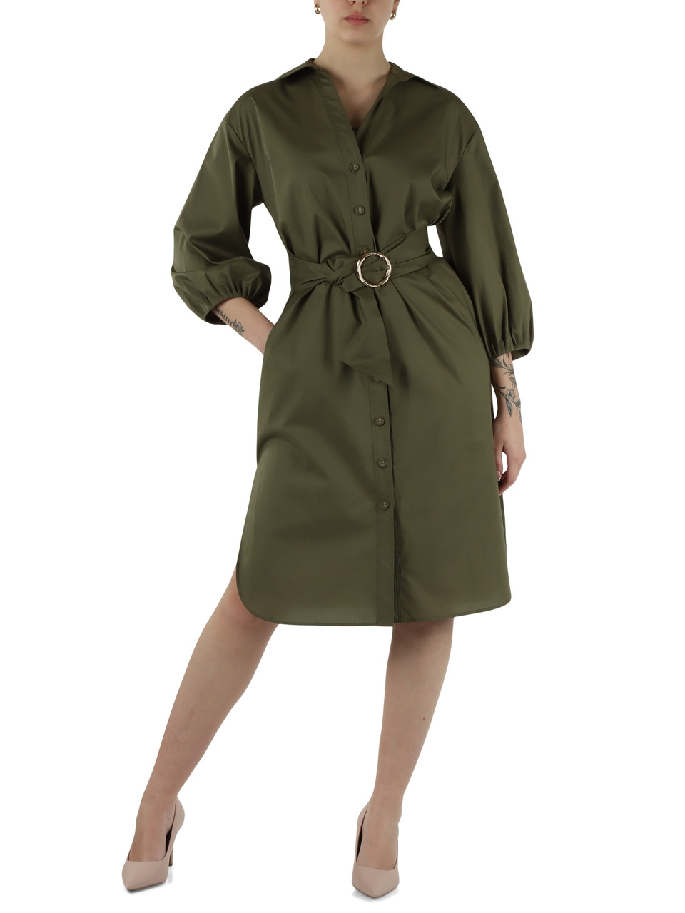 VERDE MILITARE | Abito con cintura in cotone stretch
