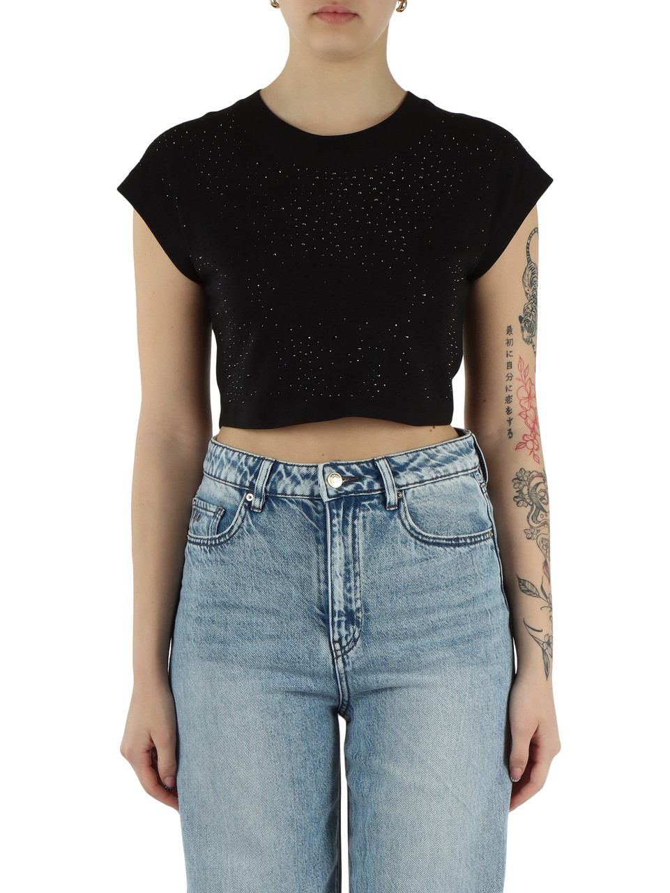 NERO | T-shirt cropped in cotone con strass