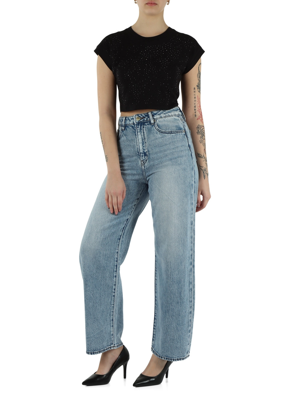 NERO | T-shirt cropped in cotone con strass