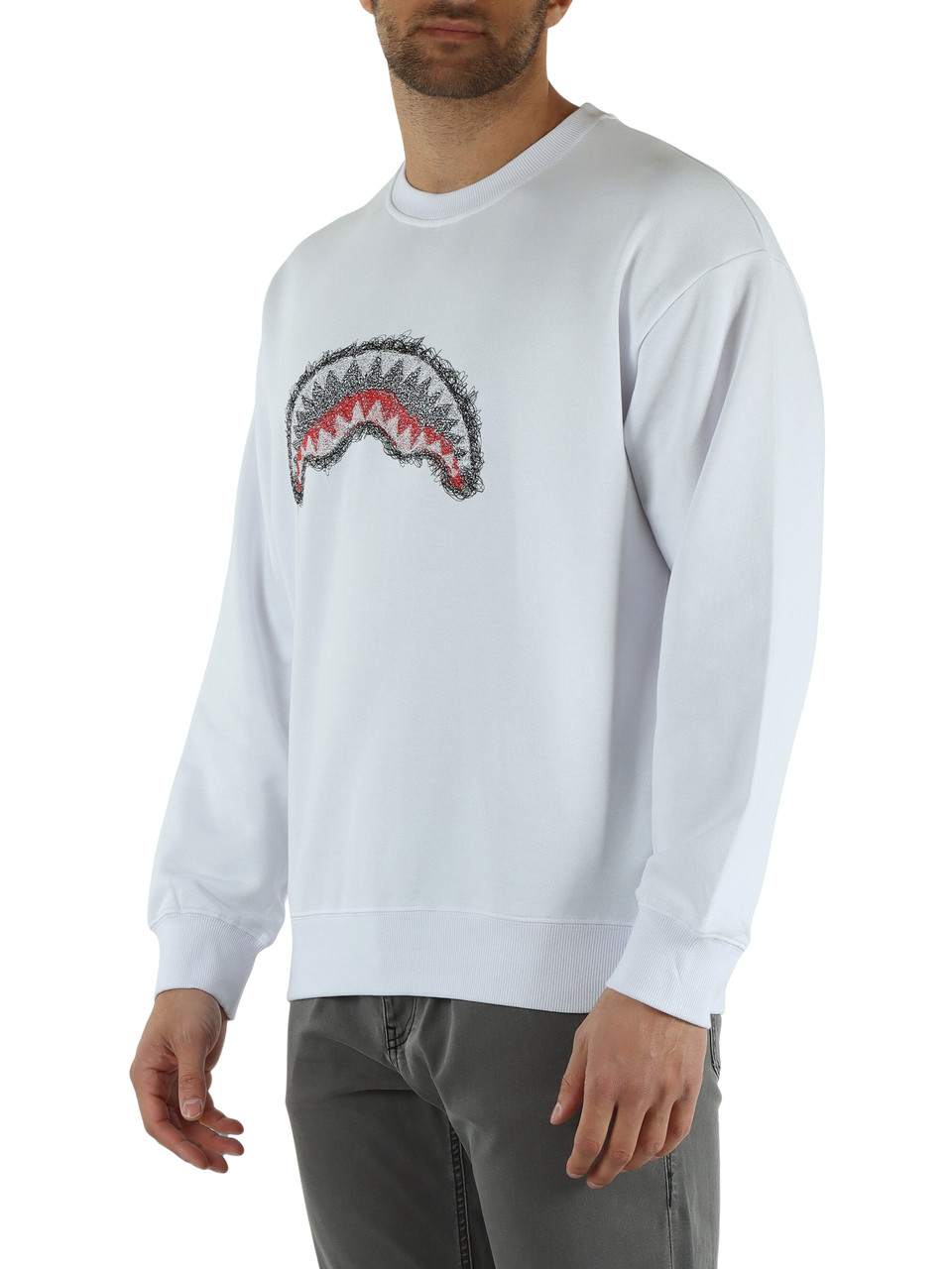 WEISS | Rundhals-Sweatshirt SCRIBBLE EMBROIDERY SHARK