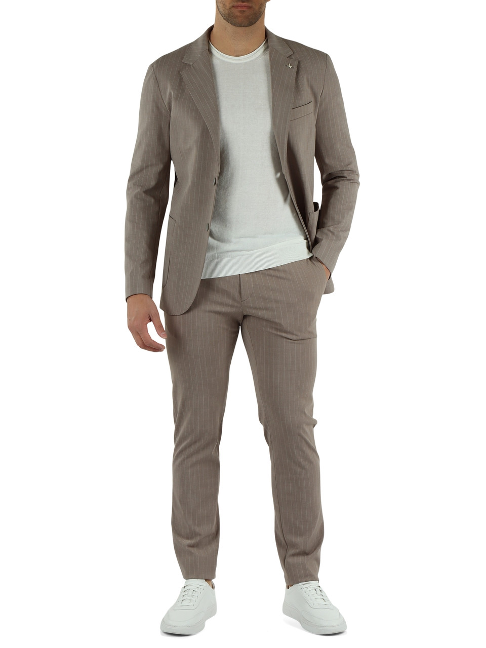 Greige | Gestreifte SASAL Slim Fit Hose aus Baumwollmischung