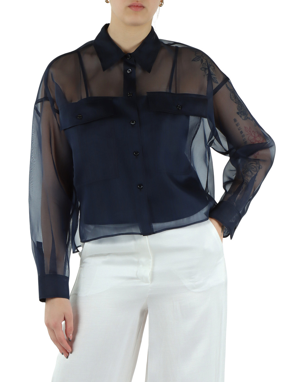 Dunkelblau | Cropped-Hemd aus Seidenorganza COLOMBA