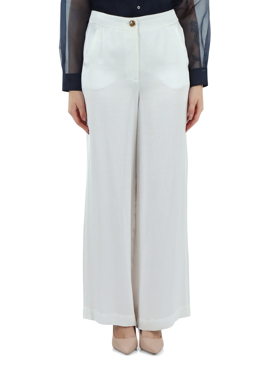 BIANCO | Pantalone IDONEO gamba larga in lino e viscosa