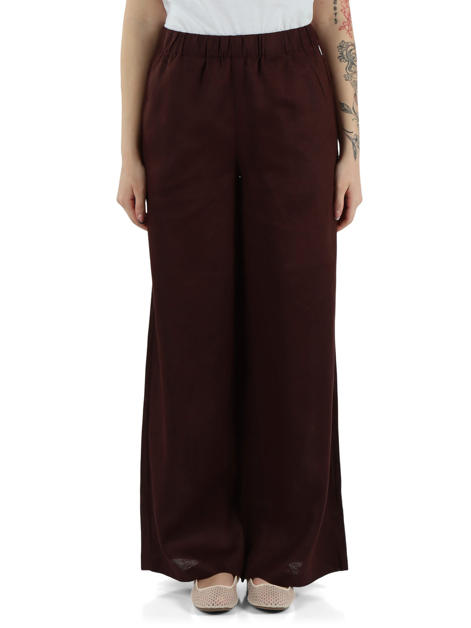 MARRONE | Pantaloni gamba larga MOSSI in lino