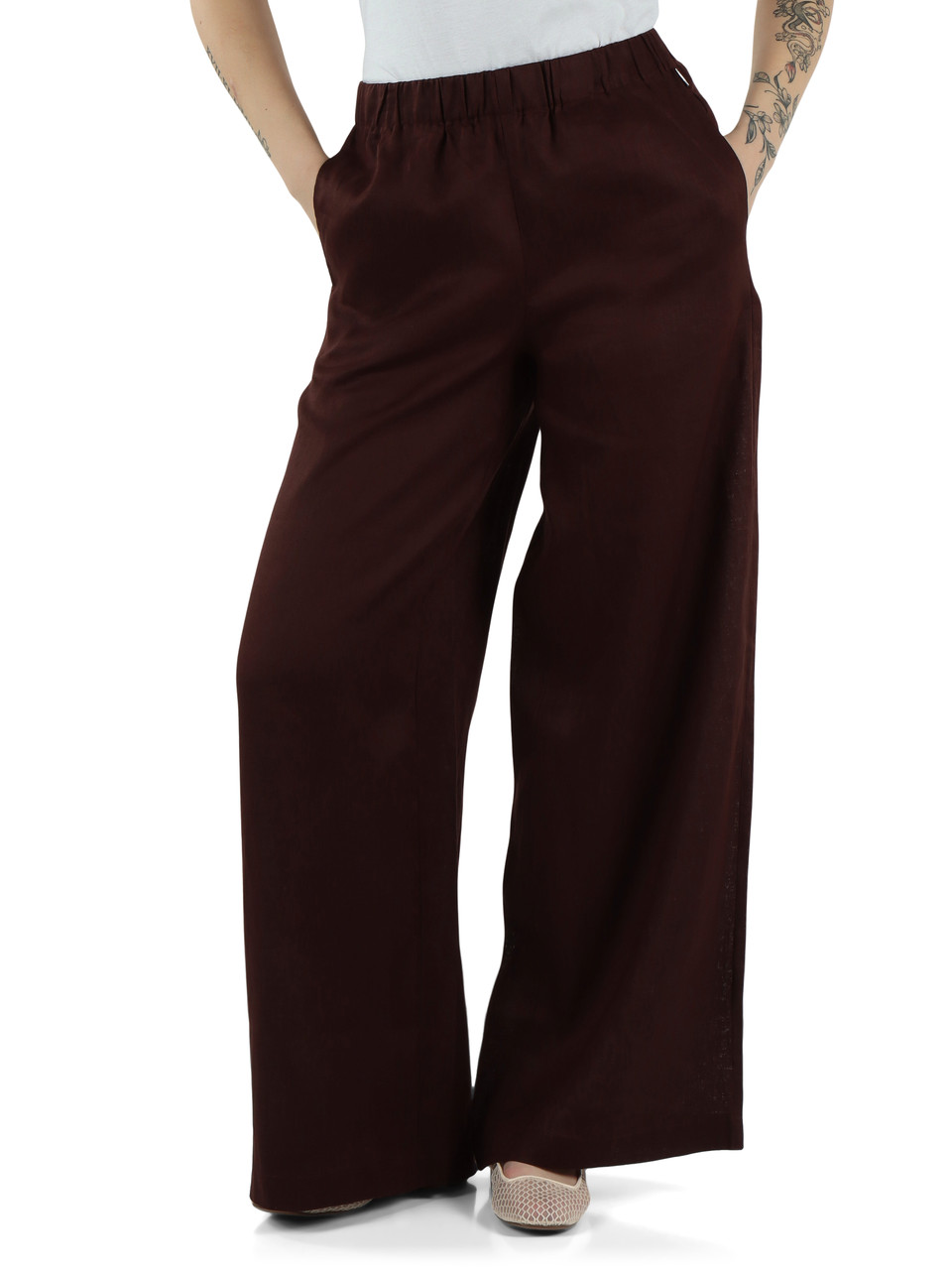 MARRONE | Pantaloni gamba larga MOSSI in lino