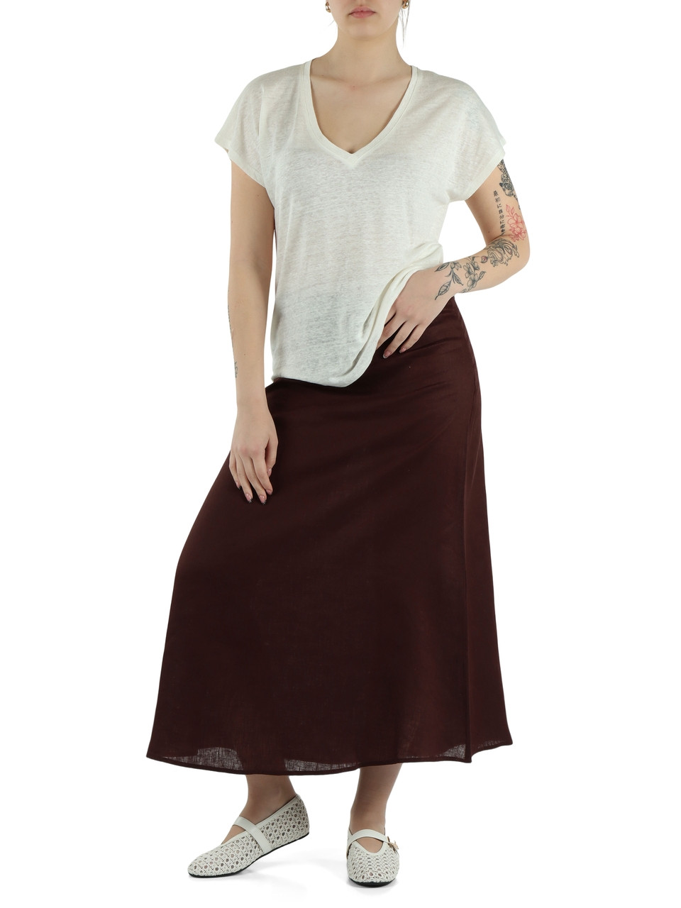 MARRONE | Gonna lunga svasata in lino BETH