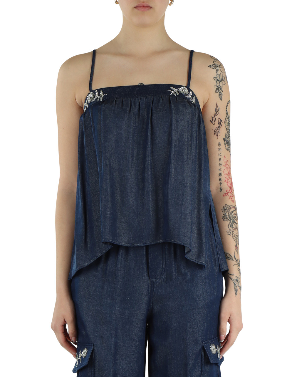 BLU | Top in misto viscosa con strass e perline