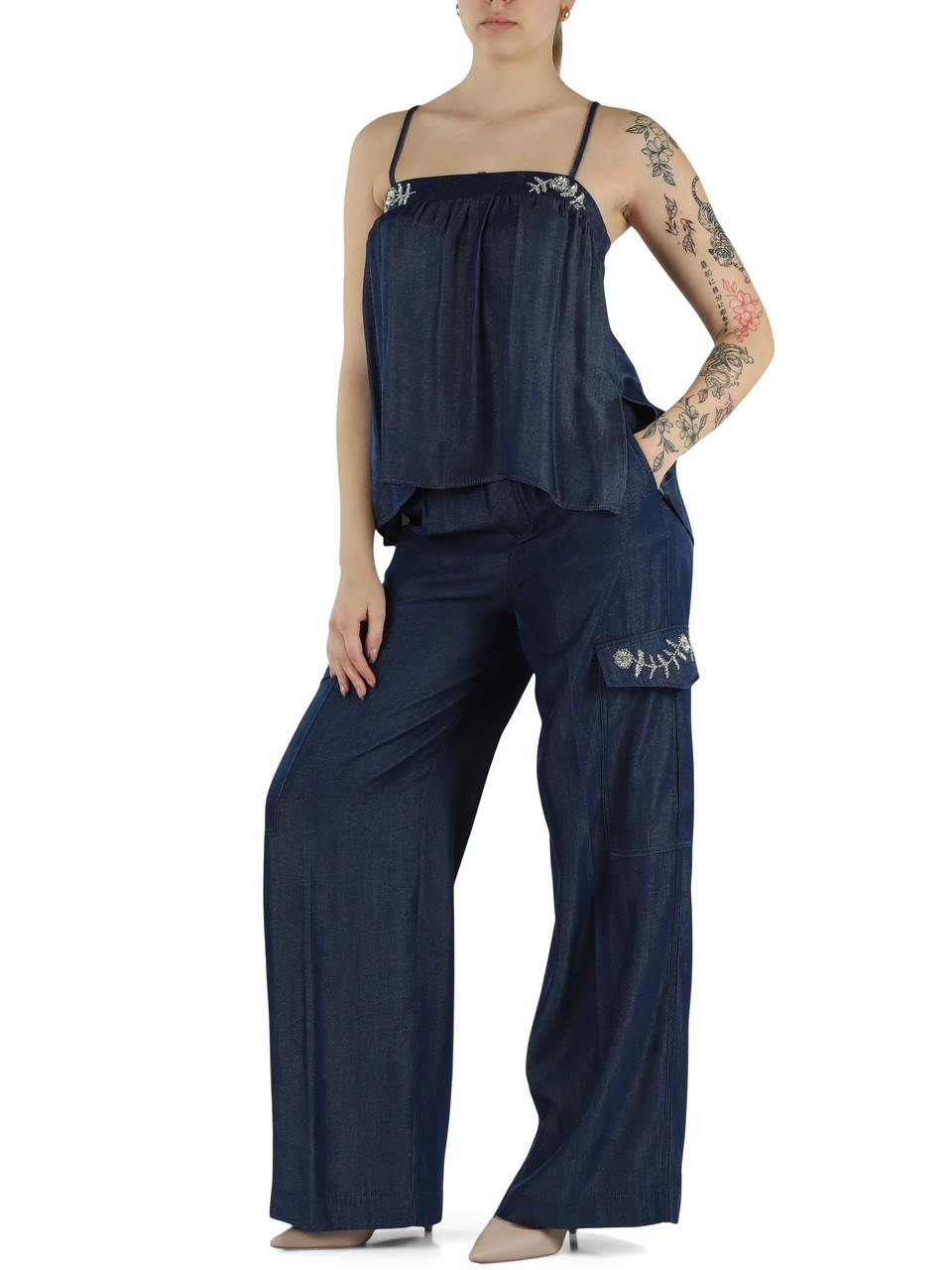 BLU | Top in misto viscosa con strass e perline