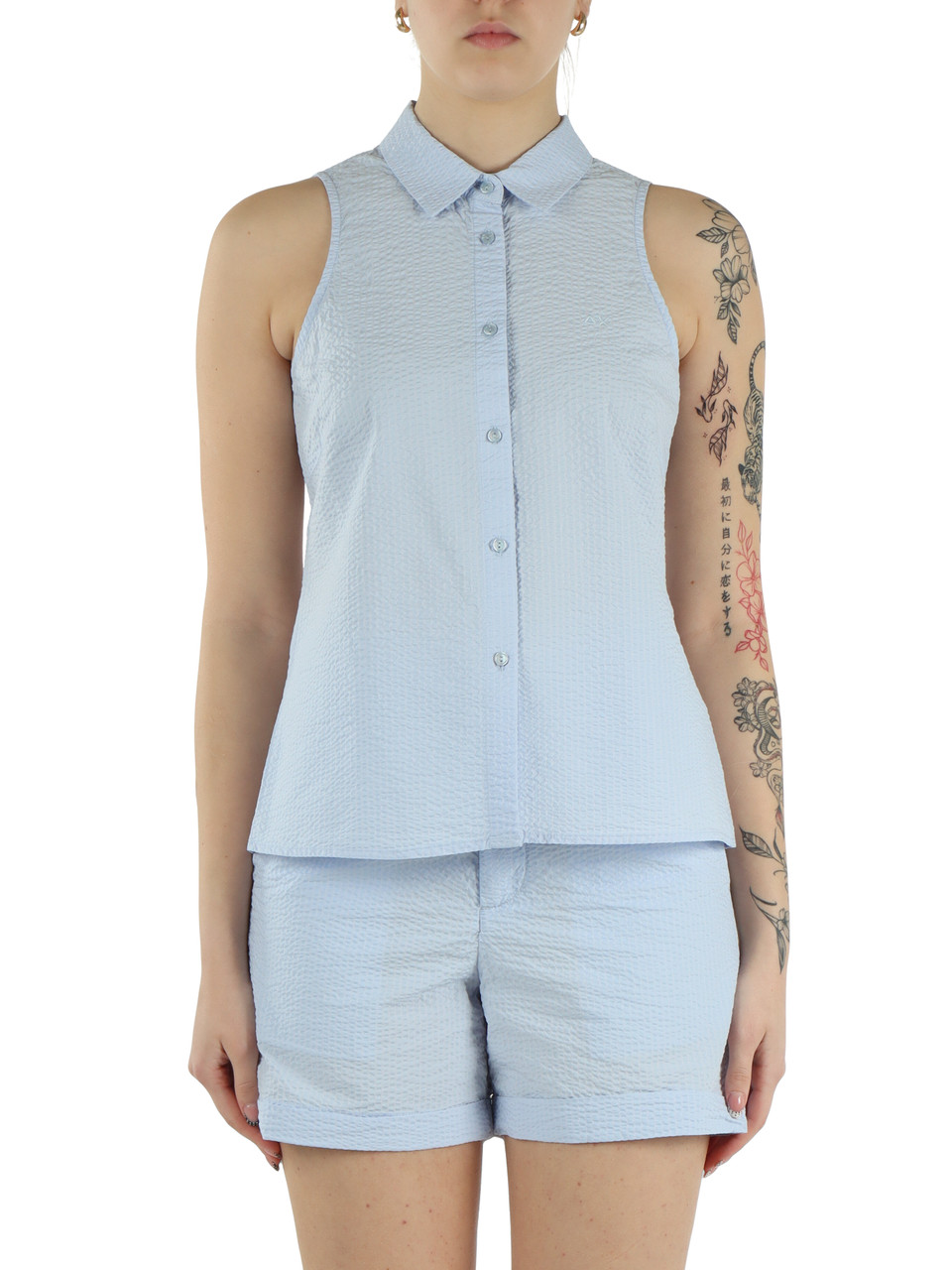 HIMMELBLAU | Ärmelloses Hemd aus Seersucker-Baumwolle