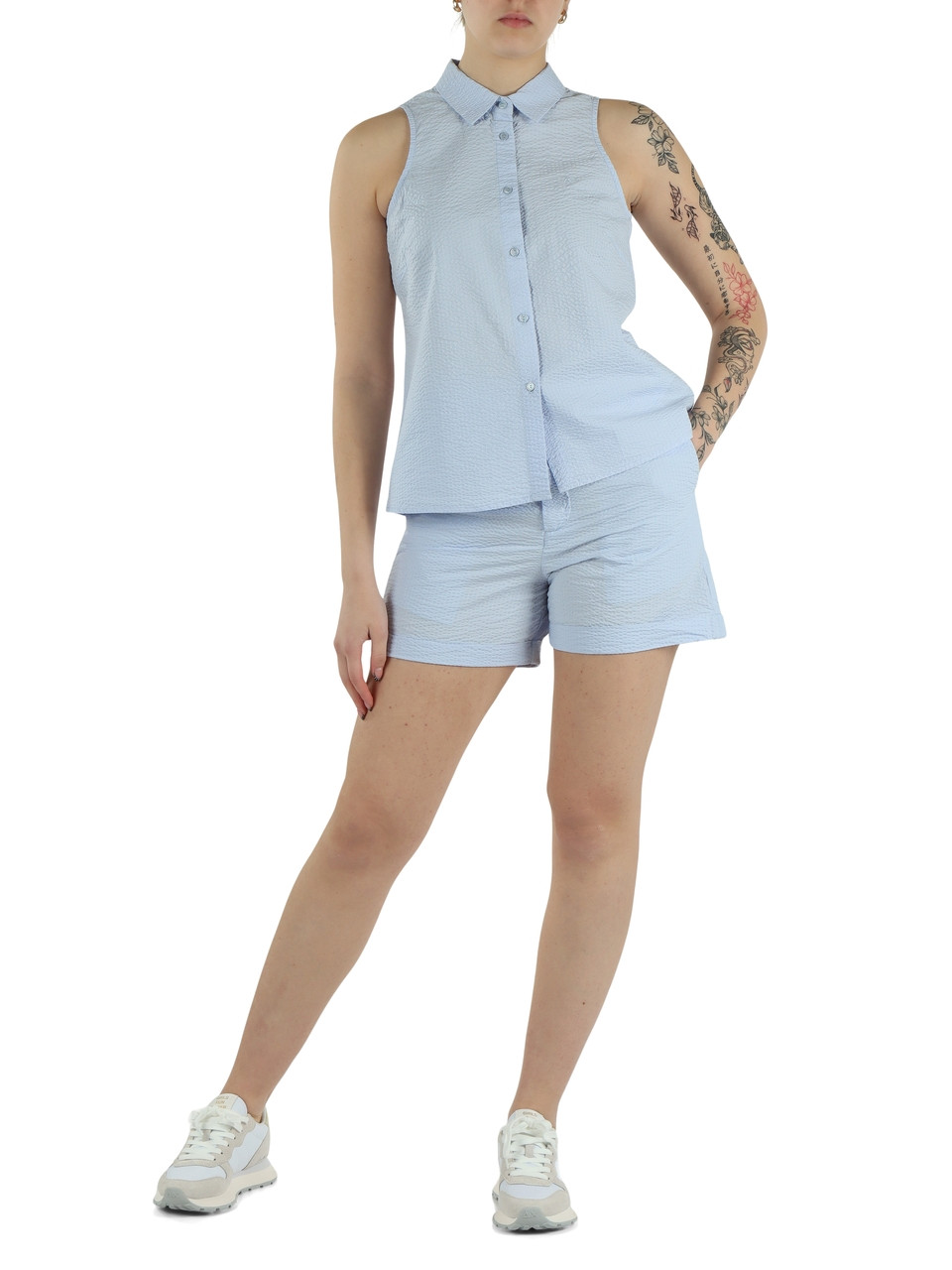 HIMMELBLAU | Hoch taillierte Shorts aus Seersucker-Baumwolle