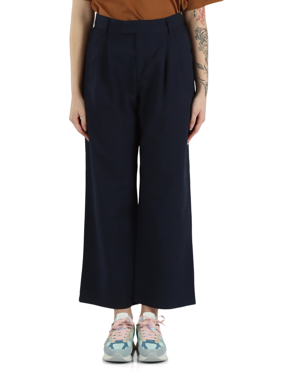 Dunkelblau | Hose mit Bundfalten aus Seersucker-Baumwolle