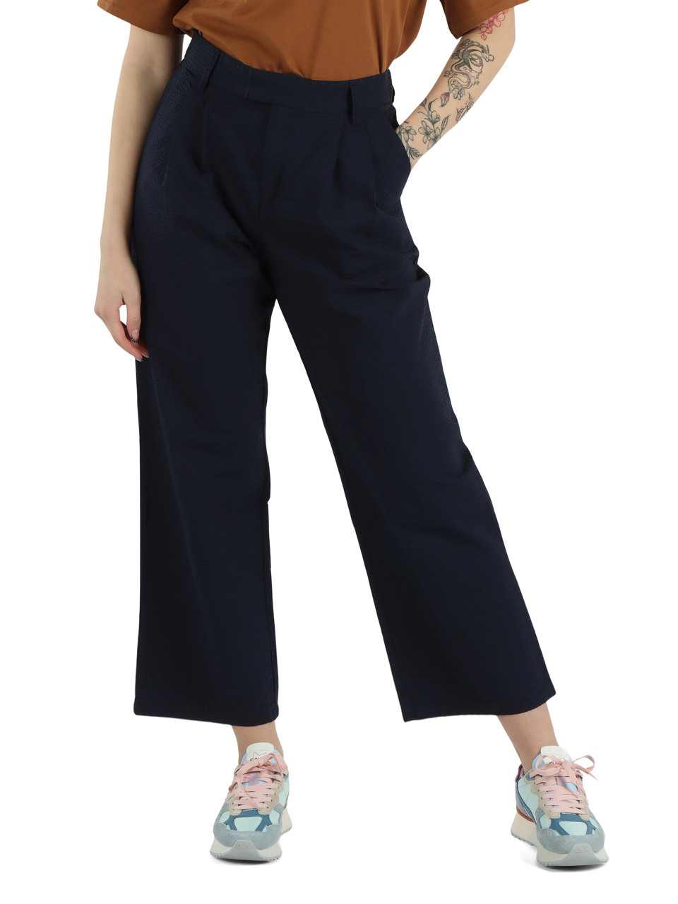 Dunkelblau | Hose mit Bundfalten aus Seersucker-Baumwolle