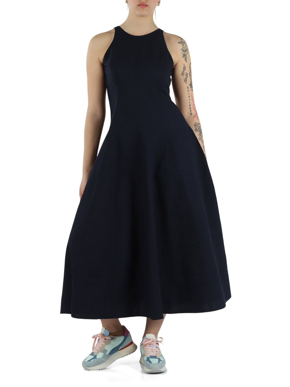 BLU SCURO | Abito midi in cotone seersucker