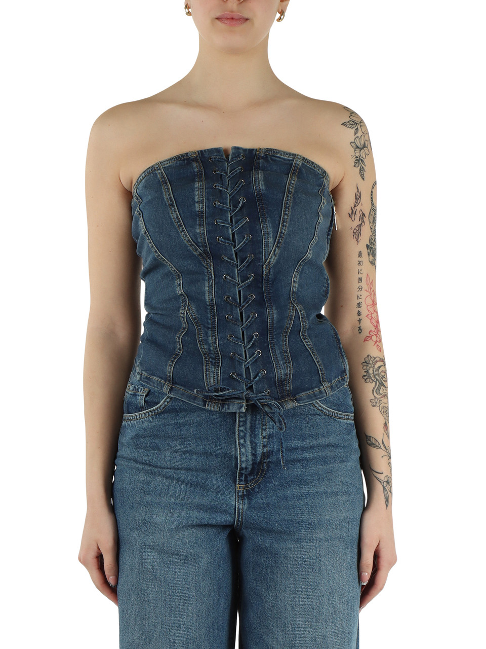 BLAU | LIU JO feat. ELODIE: Denim-Top mit Schnürungen