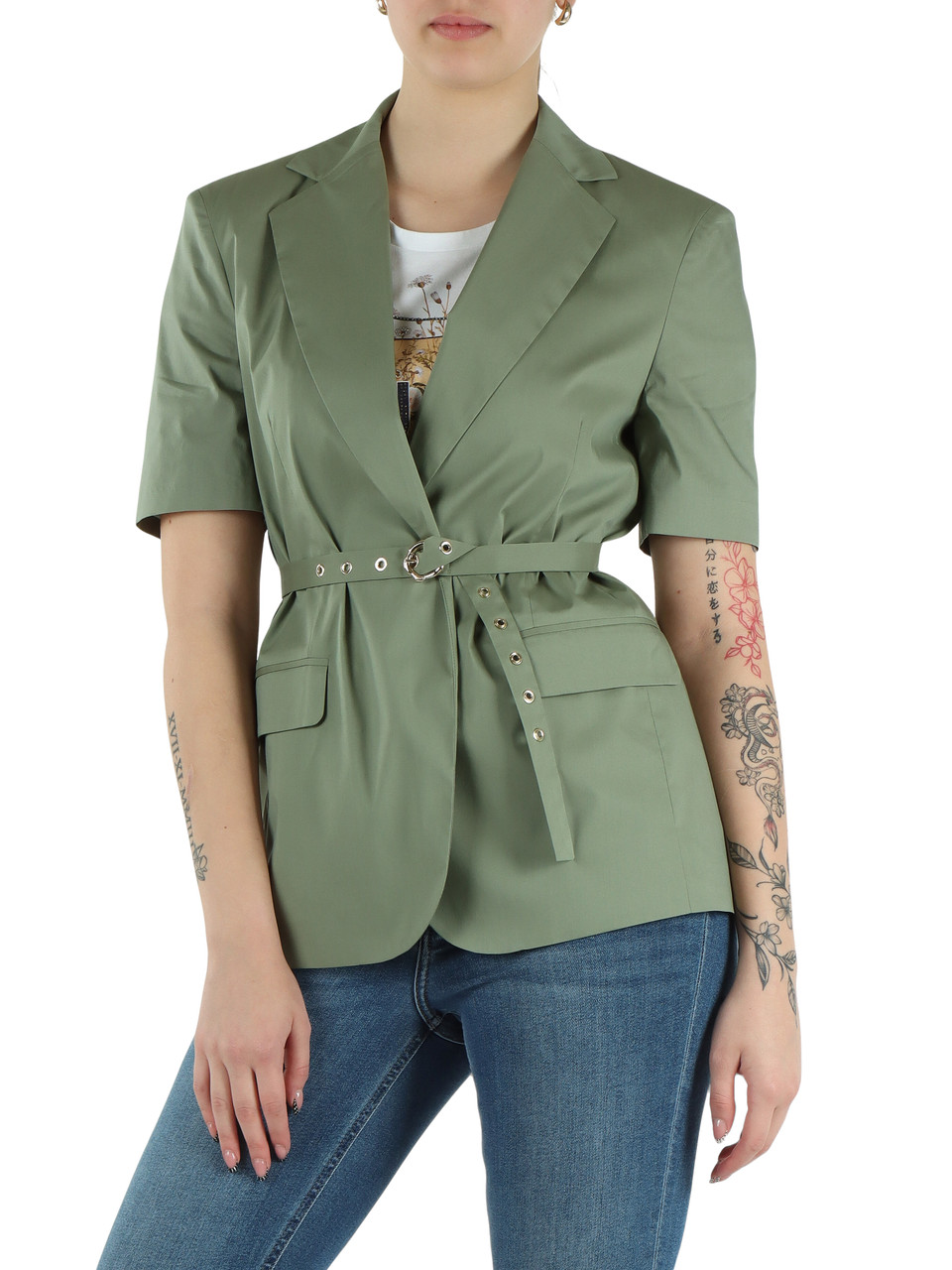 GRÜN | Kurzärmelige Jacke aus Baumwollmischung mit Gürtel