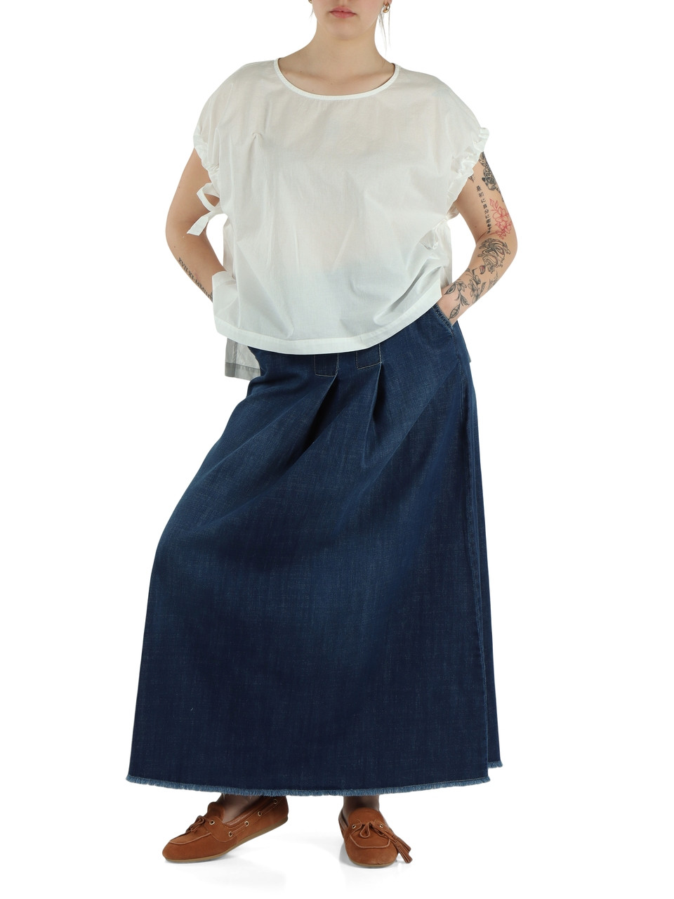 BIANCO | Blusa in cotone con coulisse alle maniche