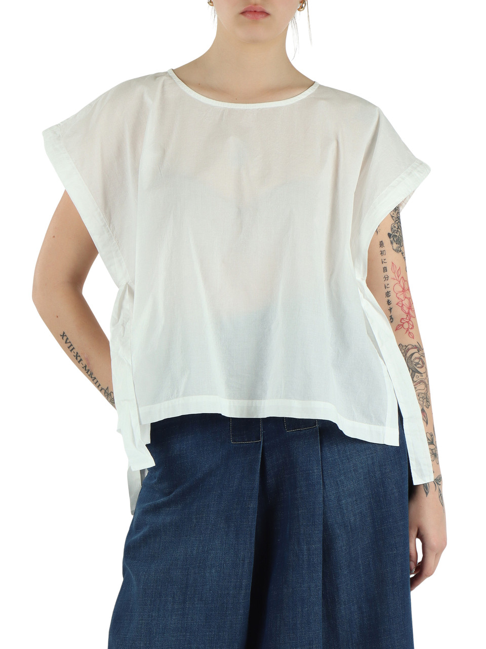 BIANCO | Blusa in cotone con coulisse alle maniche