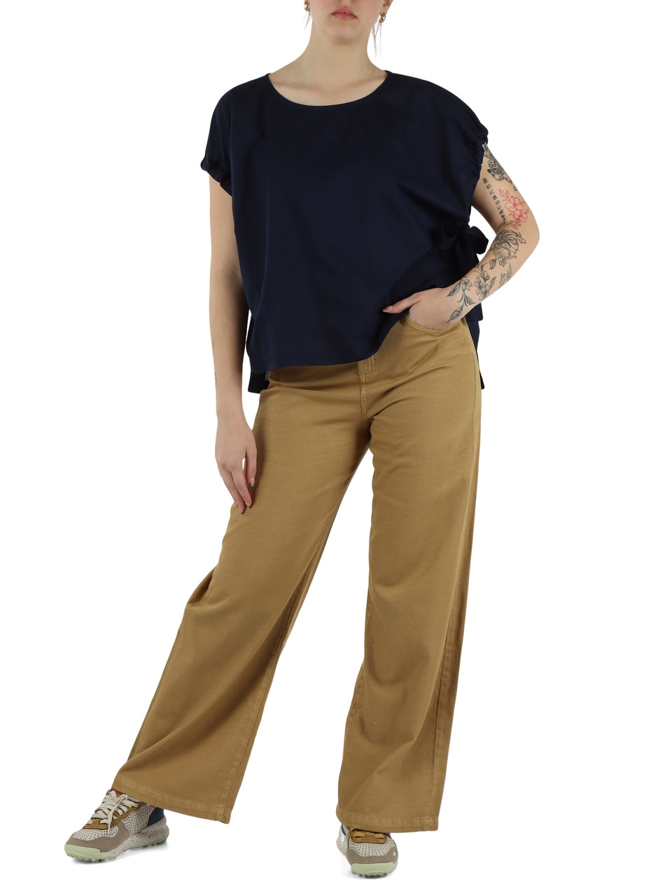 BLU SCURO | Blusa in cotone con coulisse alle maniche