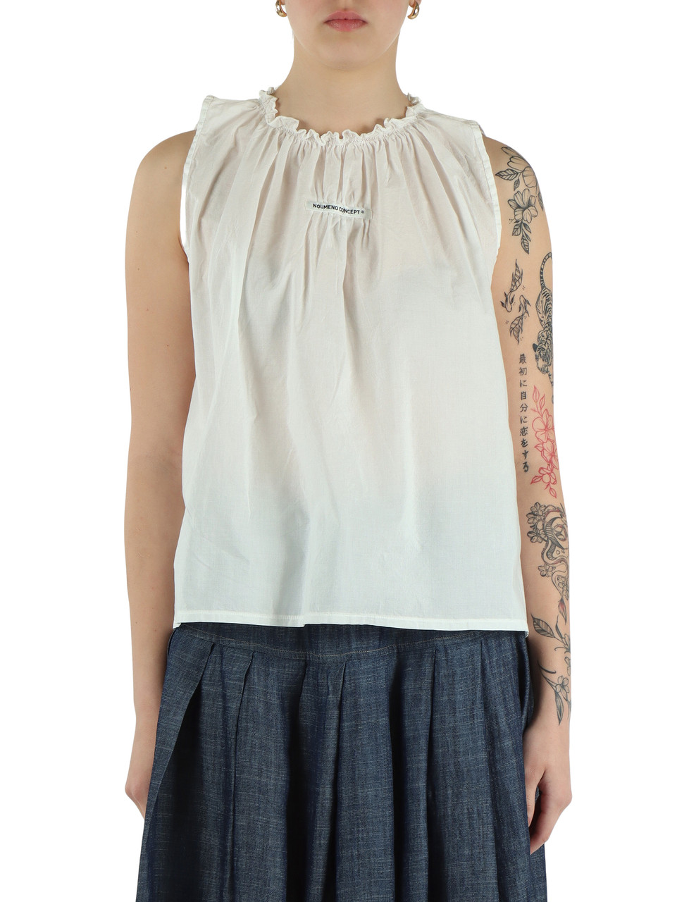 BIANCO | Blusa smanicata in cotone con patch logo