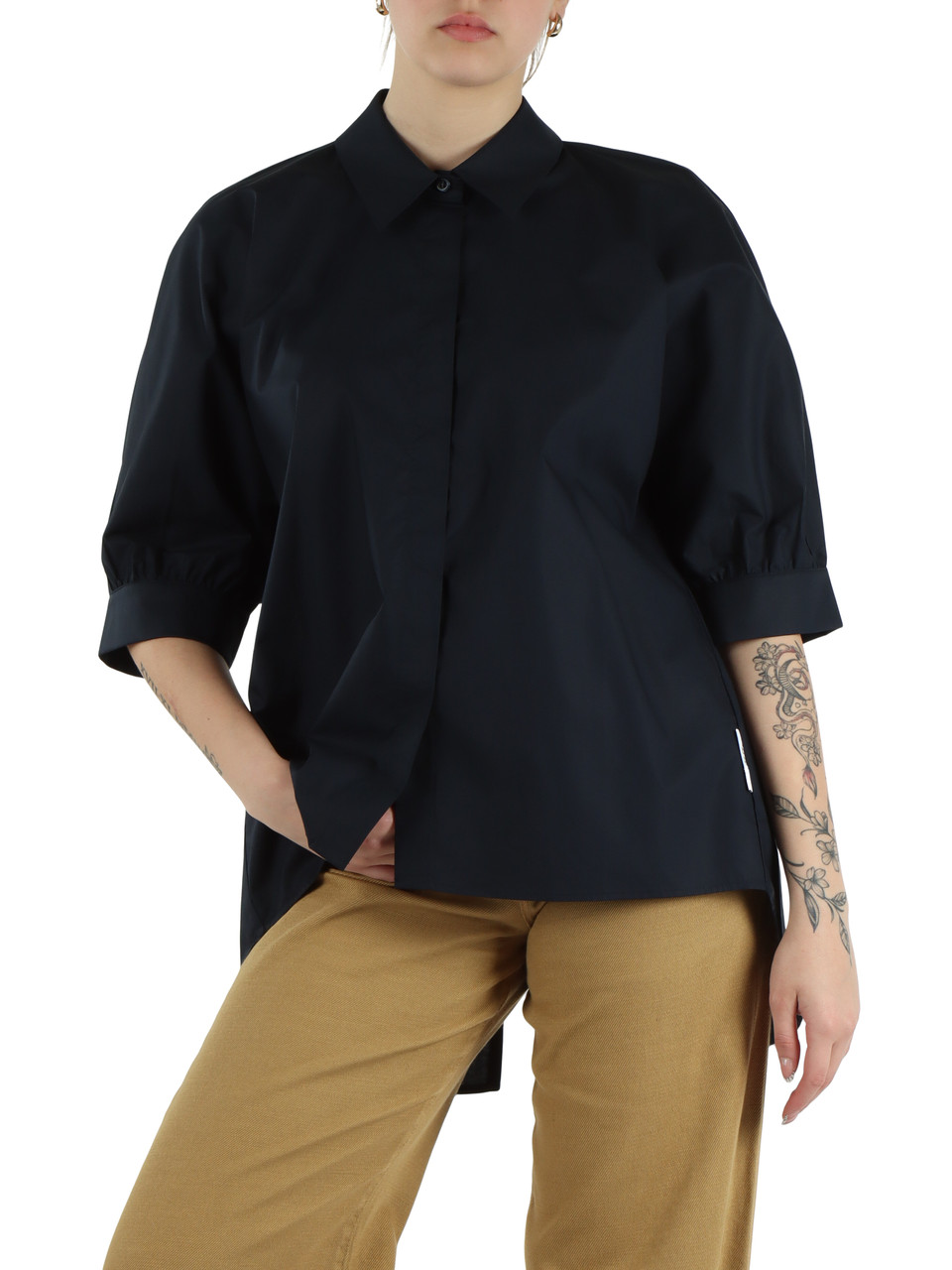 BLU SCURO | Camicia in cotone con apertura e fiocchetto posteriore