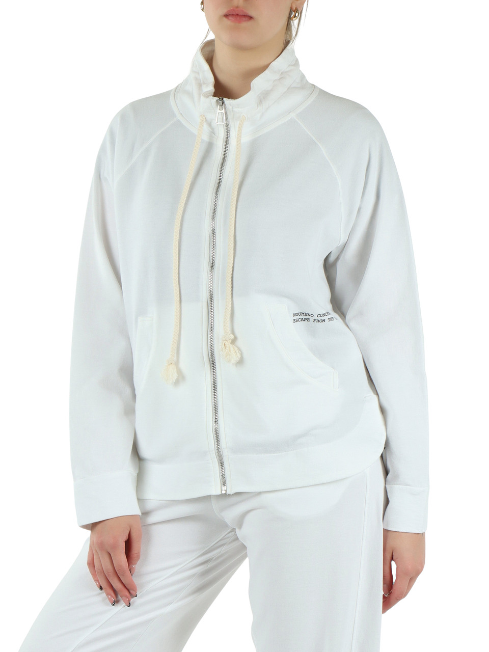 BIANCO | Felpa in cotone garzato collo alto con zip