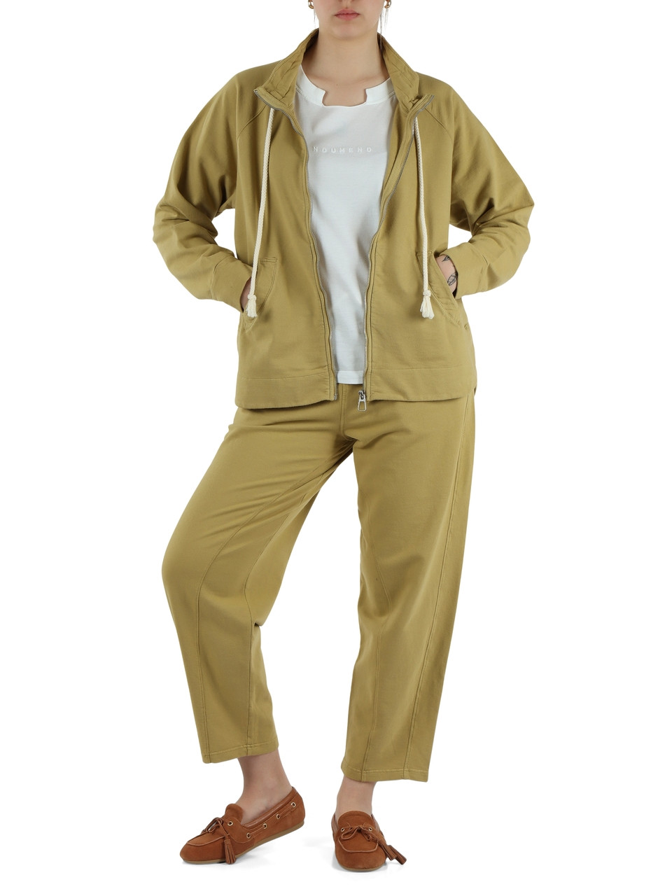 KAKI | Felpa in cotone garzato collo alto con zip