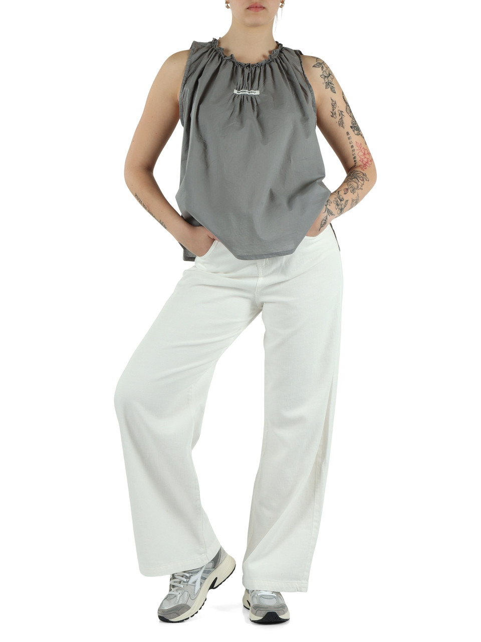 BIANCO | Pantaloni gamba larga in gabardina di cotone