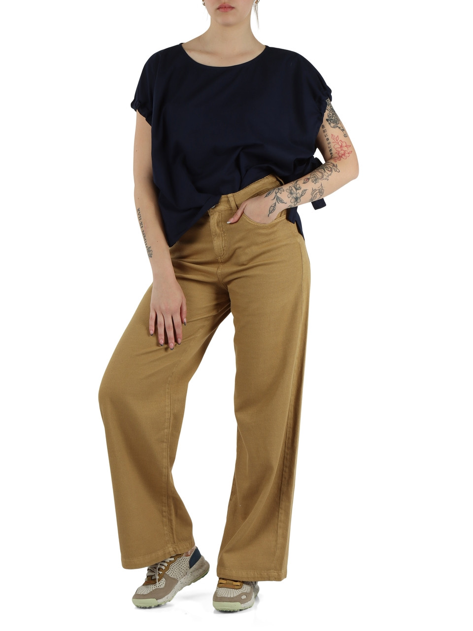 KAKI | Pantaloni gamba larga in gabardina di cotone