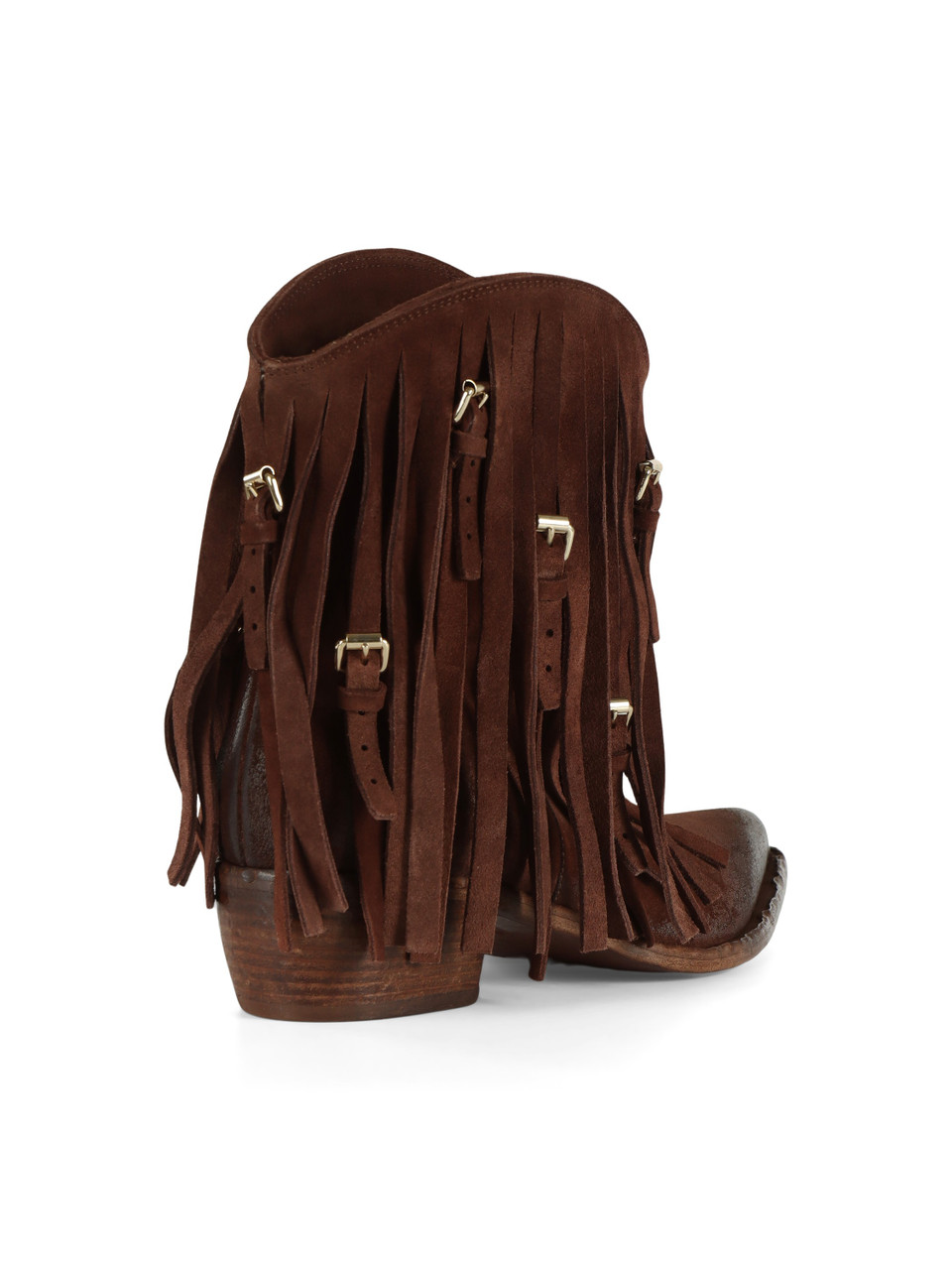 MARRONE | Stivaletto texano in suede con frange