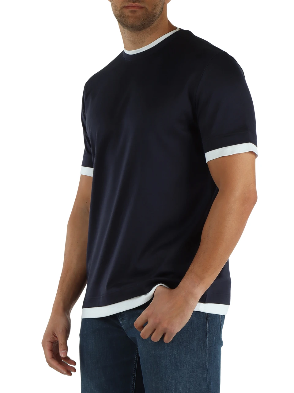 BLU SCURO | T-shirt in cotone Giza con inserti a contrasto