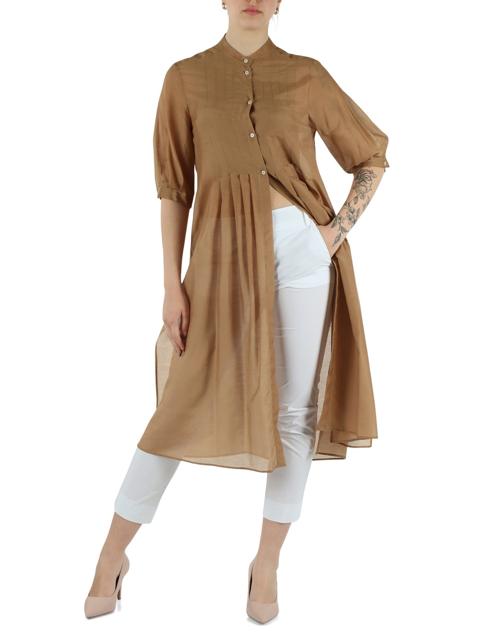 CAMMELLO | Camicia lunga EMMRING in mussola di cotone e seta