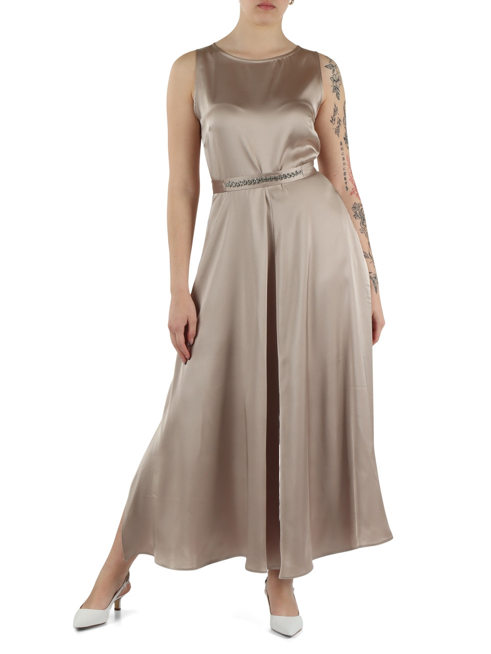 BEIGE | Abito midi GITA in satin con cintura gioiello