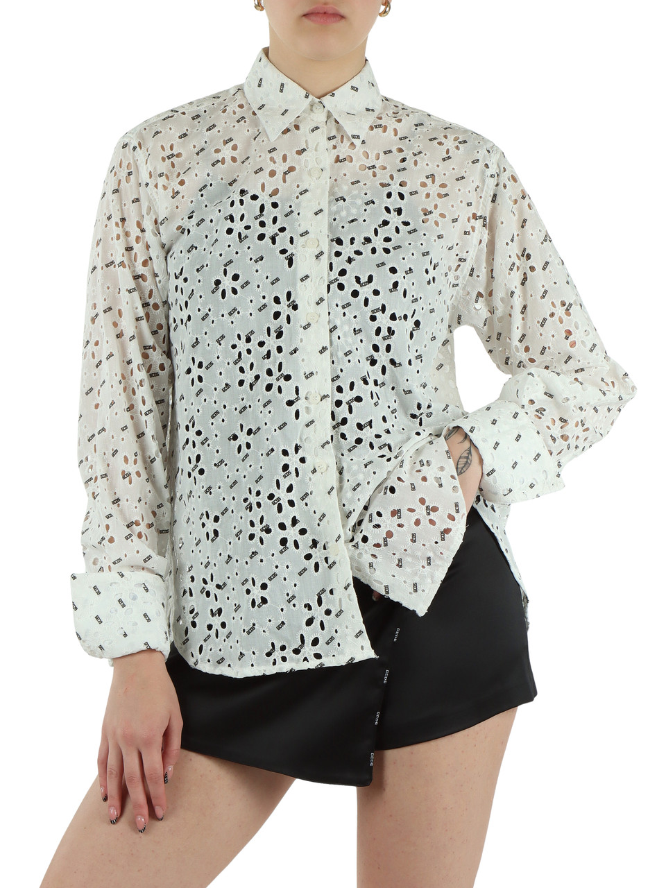BIANCO | Camicia in cotone ricamo Sangallo con stampa logo all over
