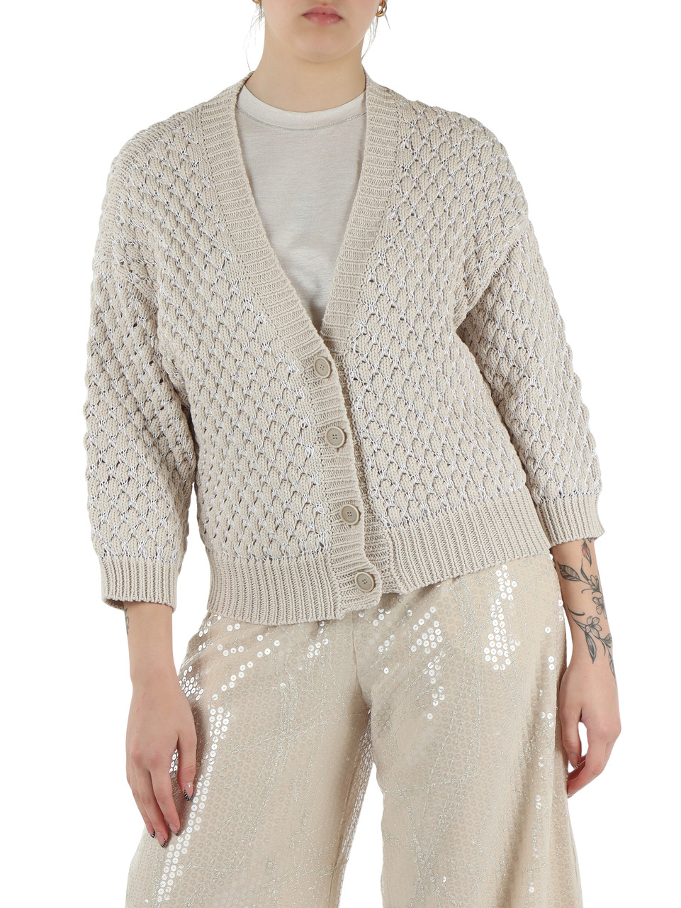 BEIGE | Cardigan con lavorazione punto macramè geometrico