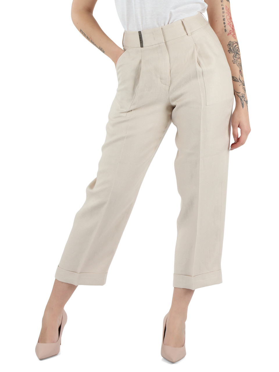 BEIGE | Pantalone con pinces in gabardina di lino