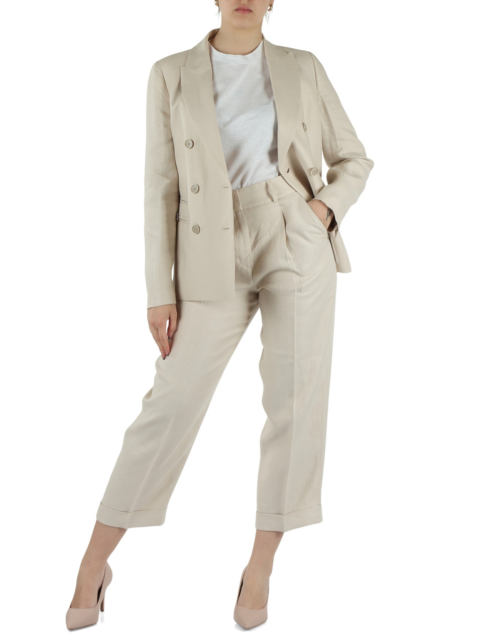 BEIGE | Giacca doppiopetto in gabardina di lino