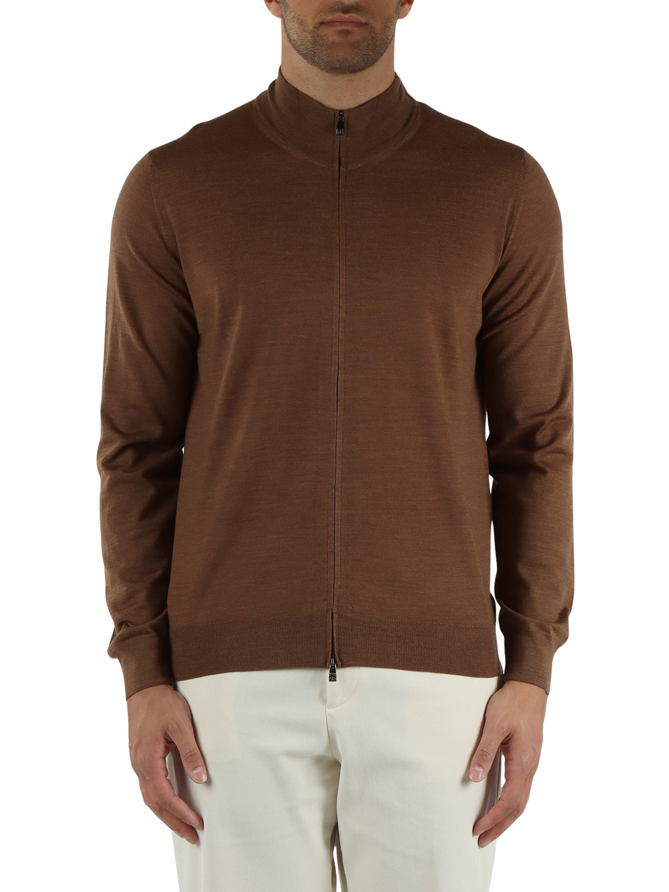 MARRONE CHIARO | Cardigan con zip in lana vergine
